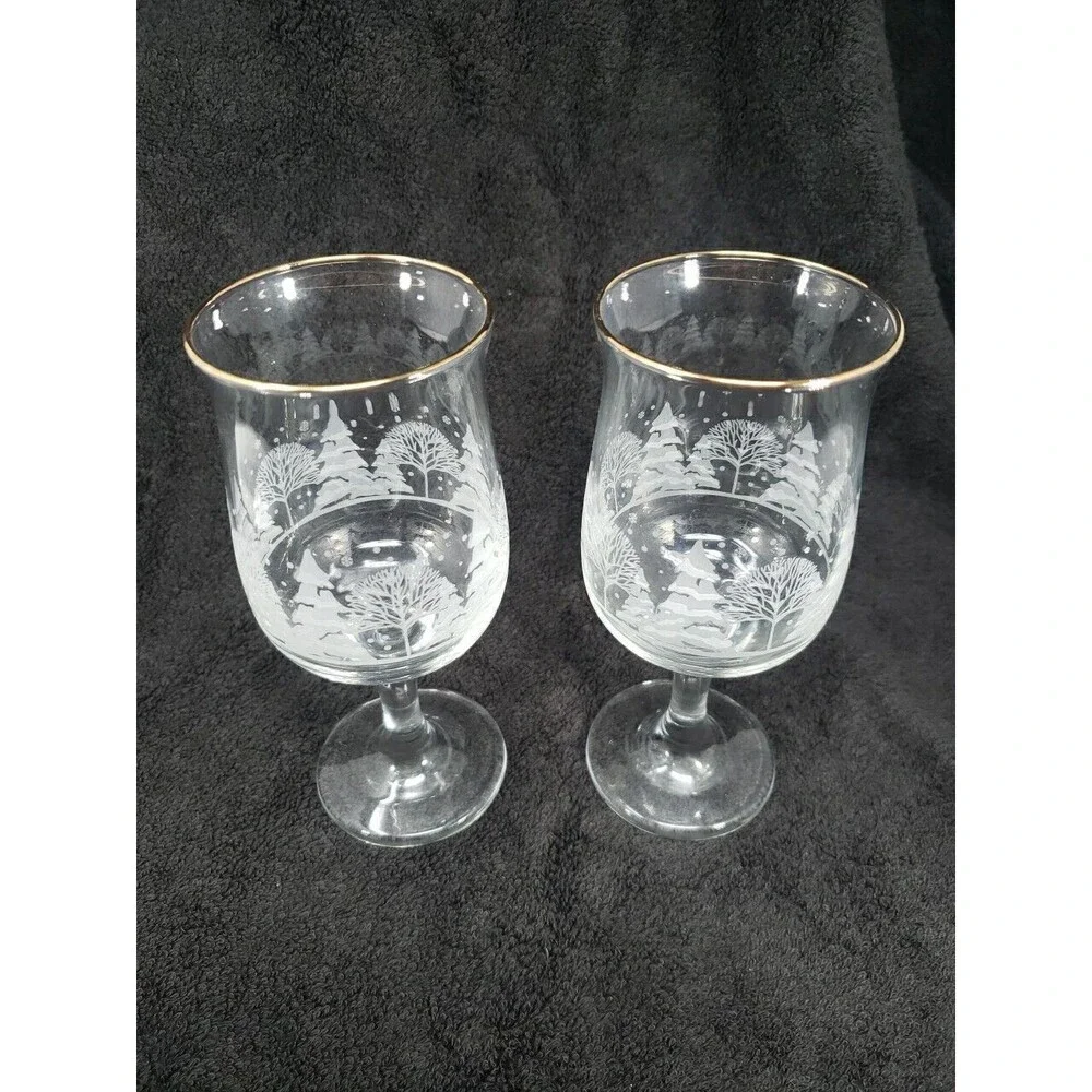 Arby's Libbey Glass Vintage Winter Wonderland Goblets Trees Snow Gold Rim 1980s